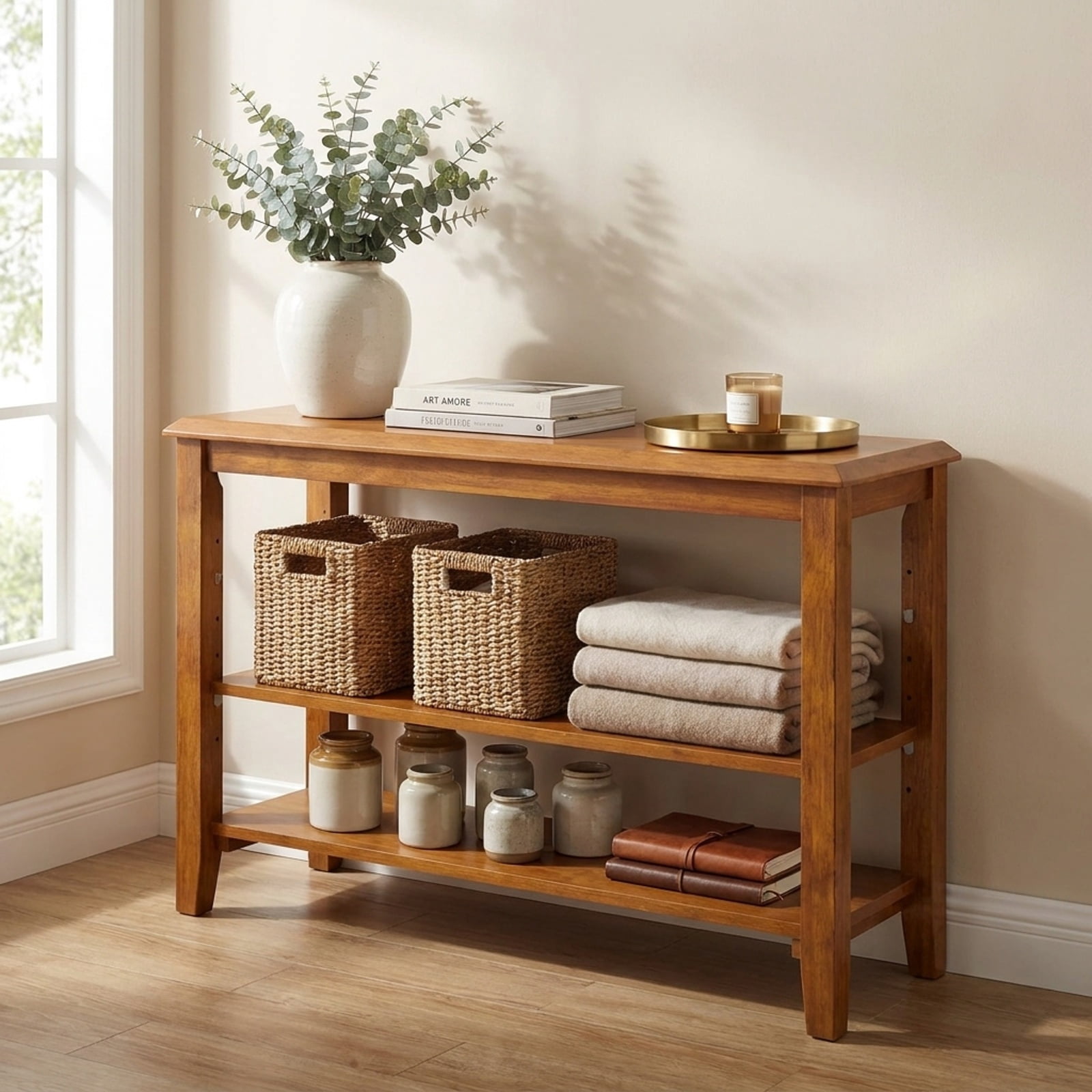 Furnibear 3 Tier Shoe Rack Bench with Adjustable Shelves and Rubber Wood Seat for Entryway and Living Room Shoe Storage, Brown