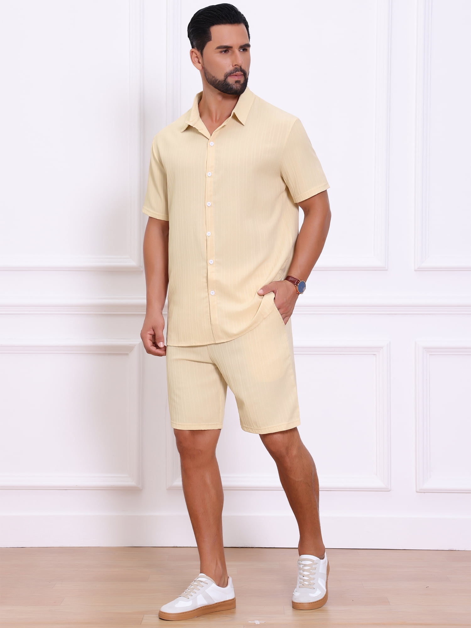DARING DIVA Men's 2 Pieces Beach Shirt & Shorts Striped Textured Outfits L Beige