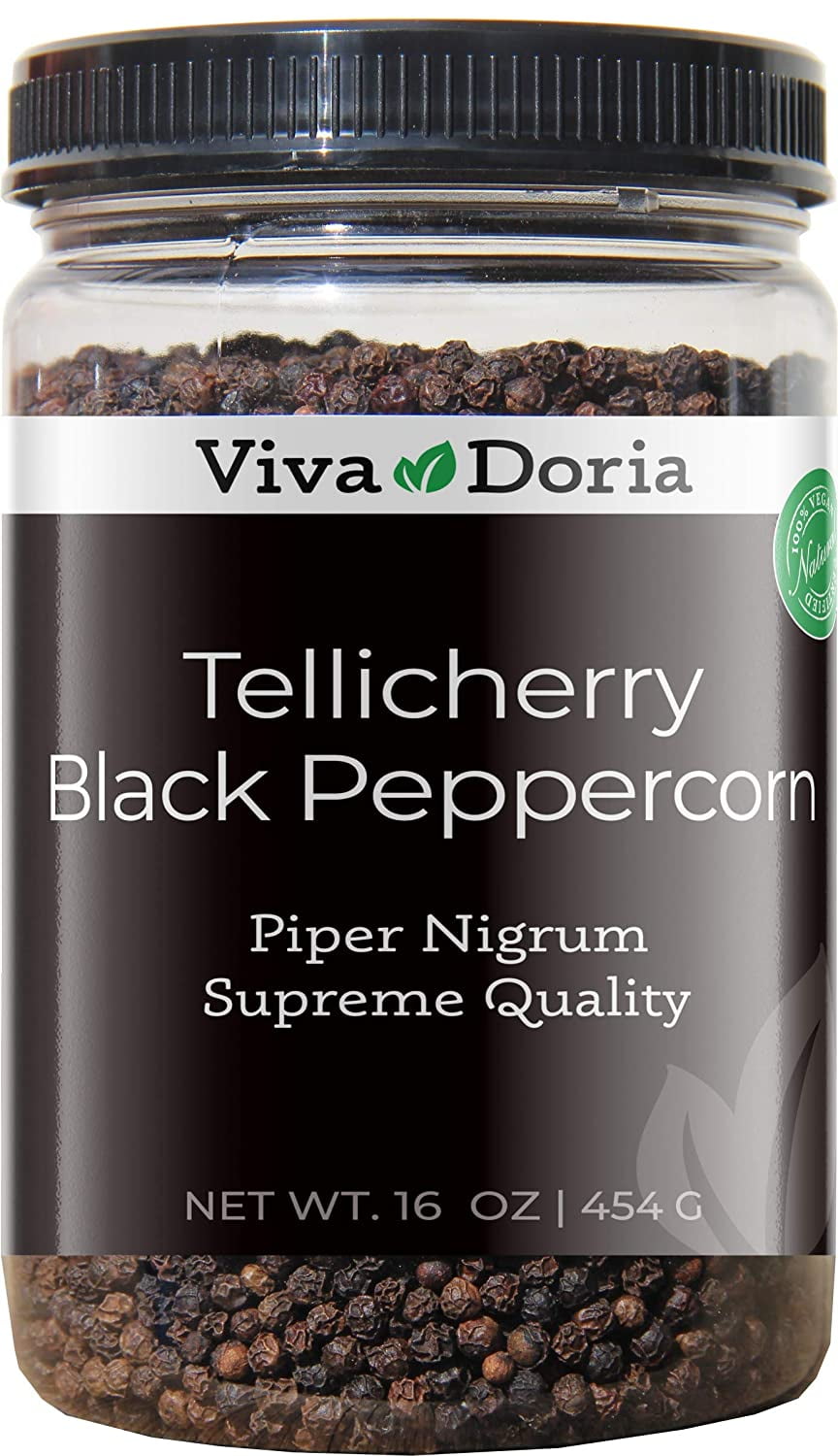 Viva Doria Tellicherry Black Peppercorn, Steam Sterilized Whole Black Pepper, 16 Ounce, For Grinder Refills