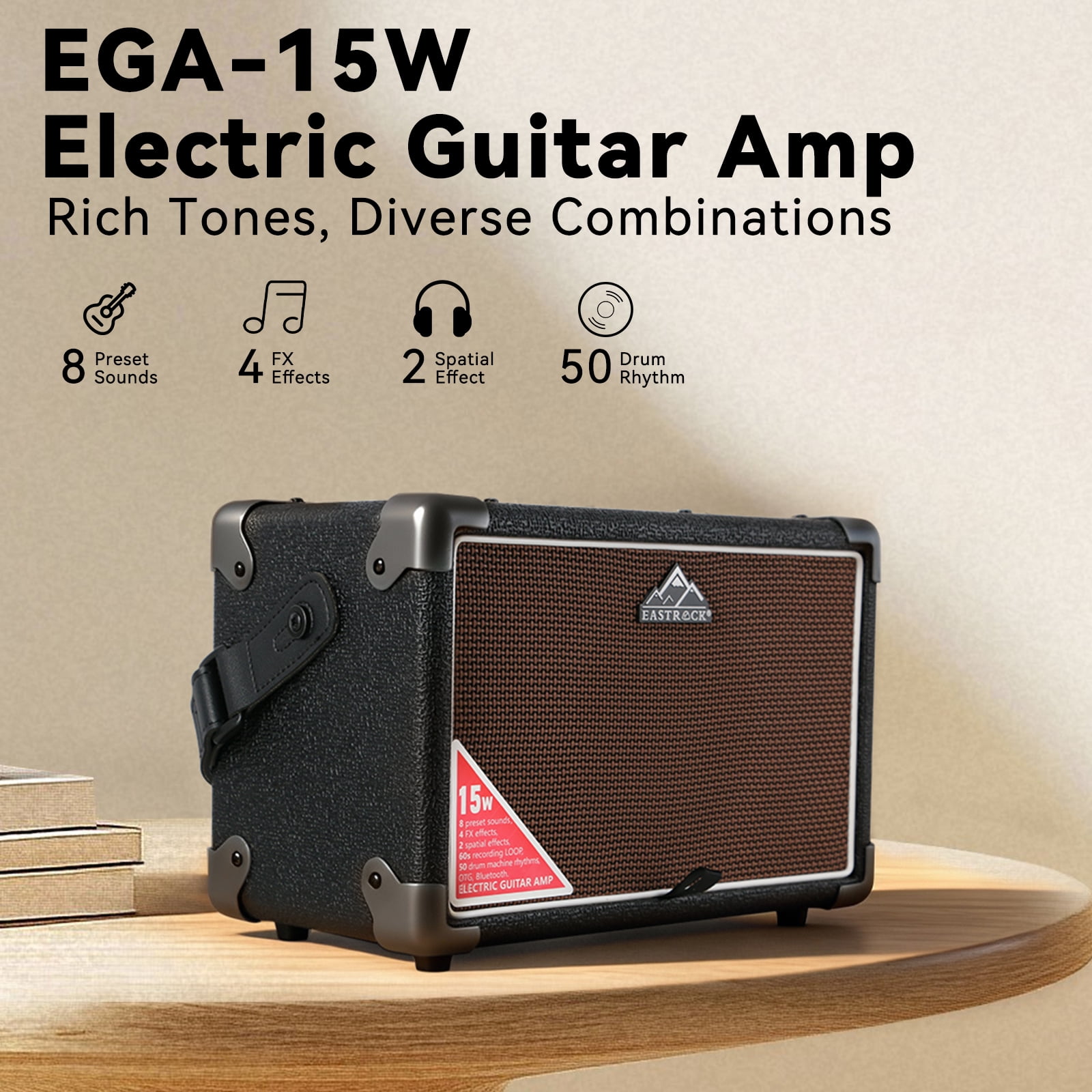 EASTROCK 15W Electric Guitar Amp, EGA-15W Portable Bluetooth 8 Voices FX Effects, Built-in Looper & Drum Machine Speaker, AUX/OTG/Headphone -Black