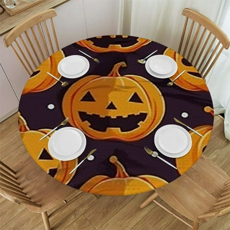 

HAOXIT Elastic Edged Polyester Fitted Table Cover The Pattern with Pumpkins for Halloween On A Purple Background The Ultimate Decorative for Your Table Fit for Round Table 54-58