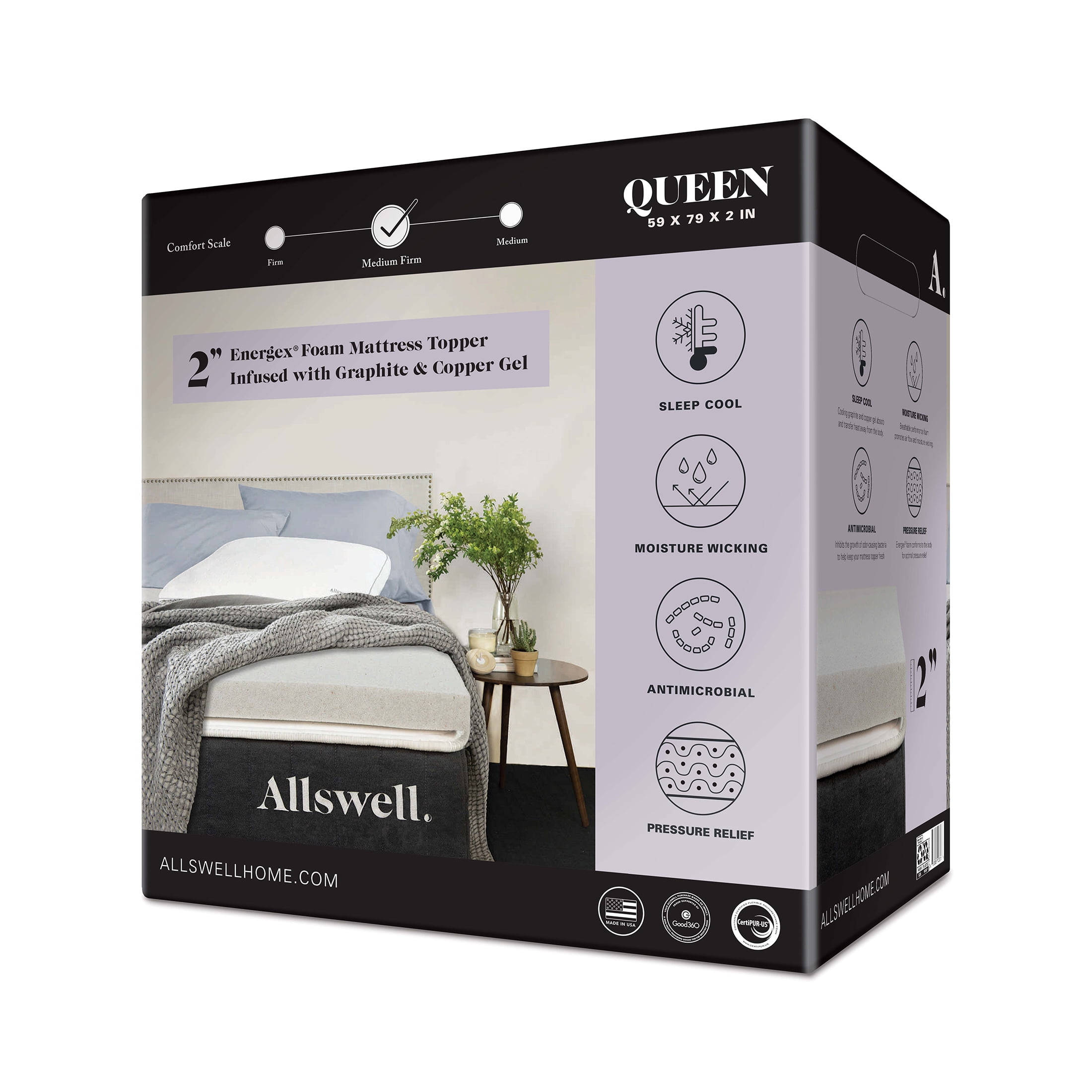 Allswell 2" Energex Foam Mattress Topper Infused with Graphite and Copper Gel, Queen