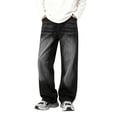 thumbnail image 3 of Afuyipoi Big Boys Denim Jeans Size 8-15 Solid Color Loose Wide Leg Straight Fit Washed Casual Pants for Kids Everyday Play School Activities Black Size 9, 3 of 9