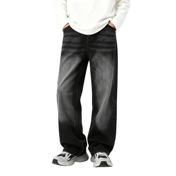 Edvintorg Boys Jeans Streetwear Casual Elastic Waist Long Straight Leg Denim Pants Trousers with Pockets Teen Boy Clothes Size 7-15