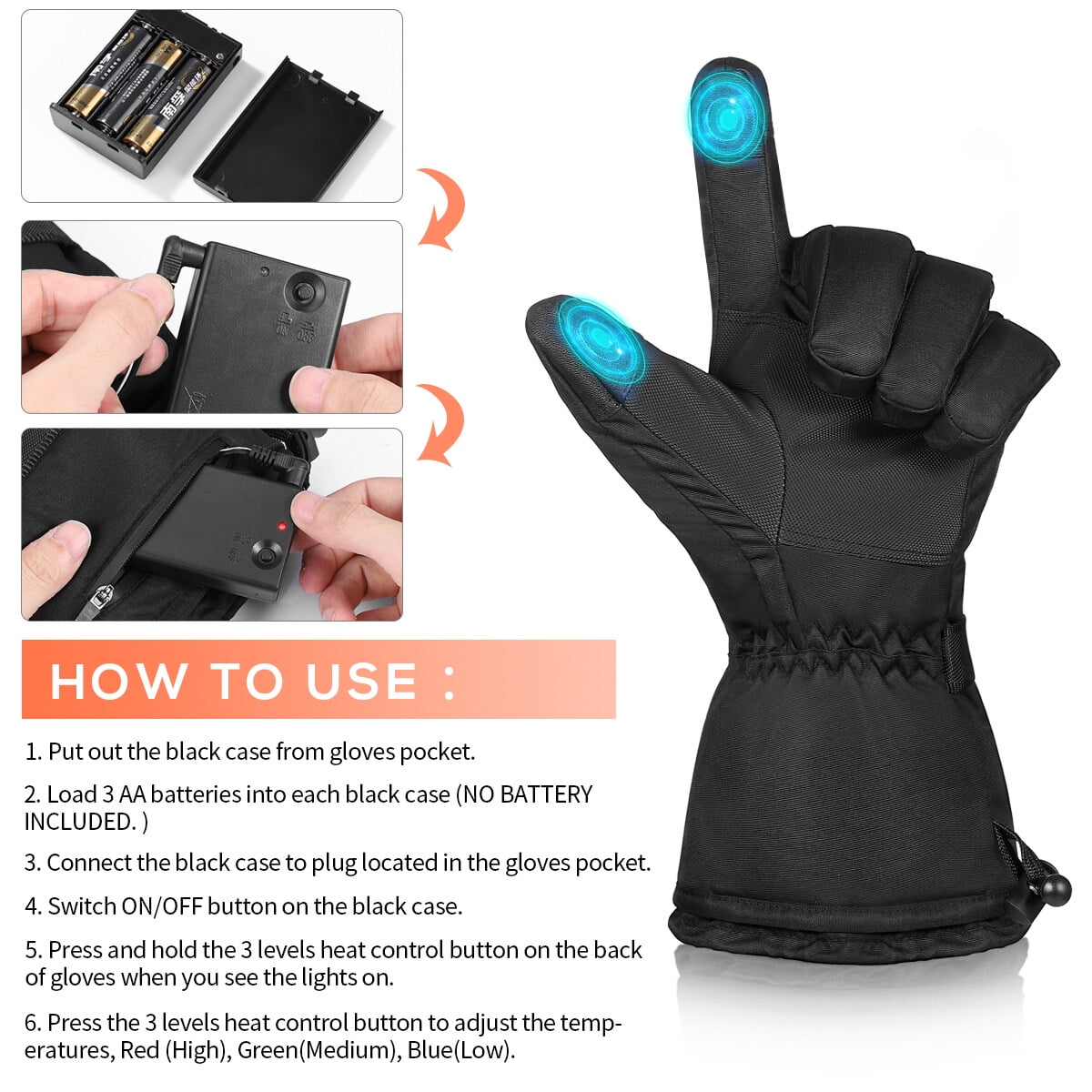 HESHENG Skiing Thermal Gloves 3 Levels Heating Battery-Operated Heated Gloves Electric Winter Warm Gloves for Men Women Unisex