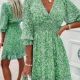thumbnail image 2 of Robes pour Femmes Manches Bouffantes Imprimé Floral Taille Froncée Col en V Boho, 2 of 5