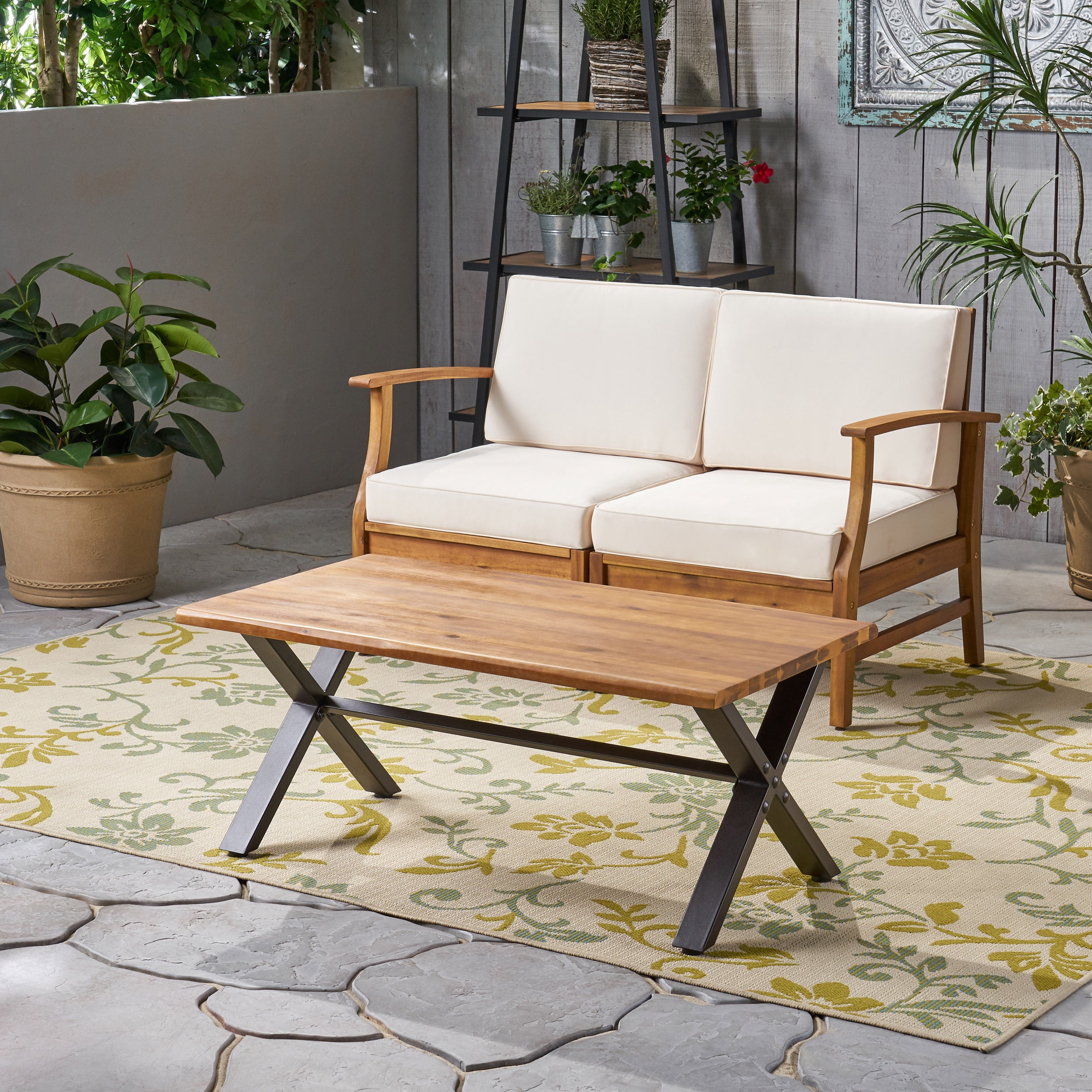 Outdoor Coffee Table, Acacia Wood Top with Rustic Metal Support for Patio Garden, Teak and Rustic Metal
