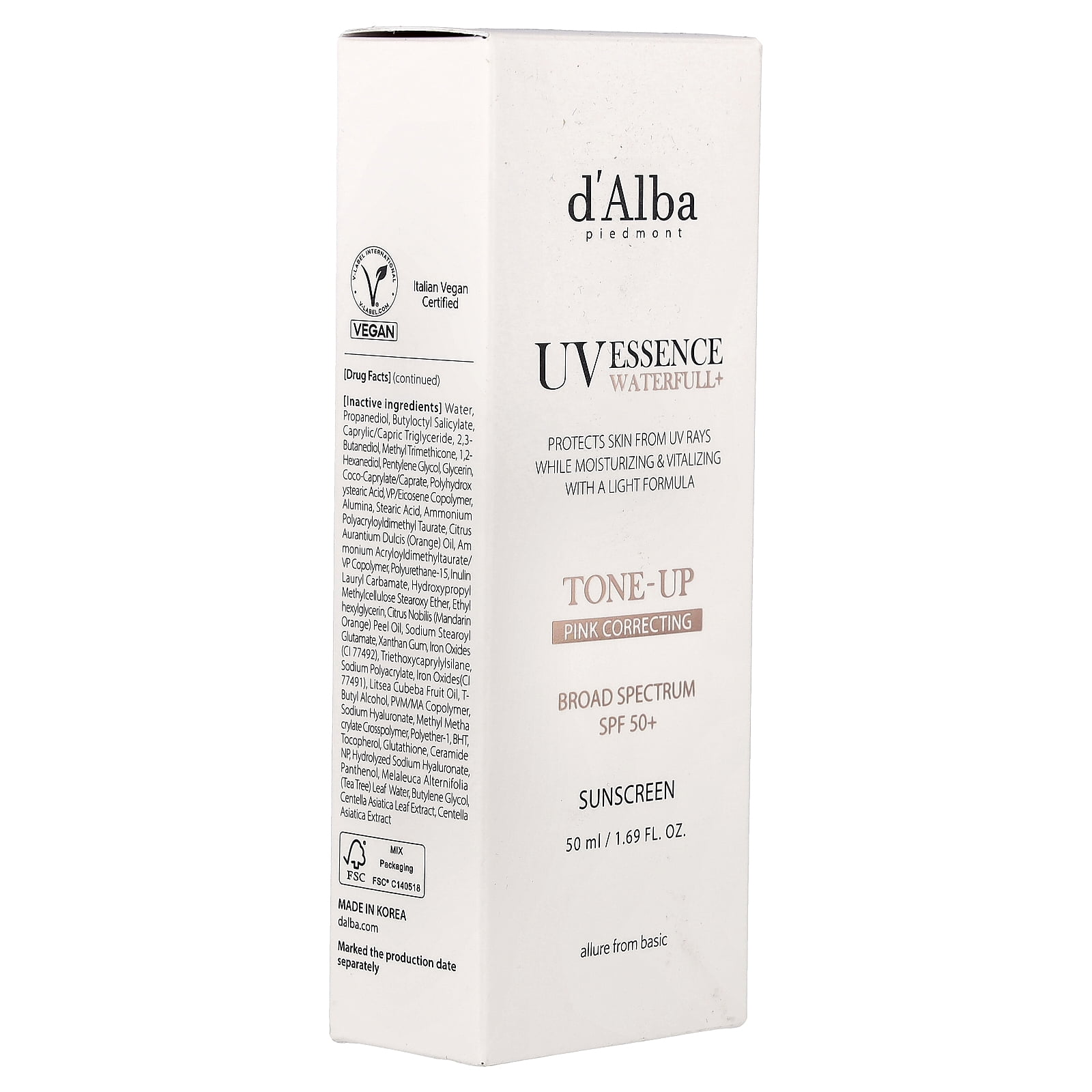 d'Alba UV Essence Waterfull+ Sunscreen, Tone-Up Pink Correcting, SPF 50+, 1.69 fl oz (50 ml)