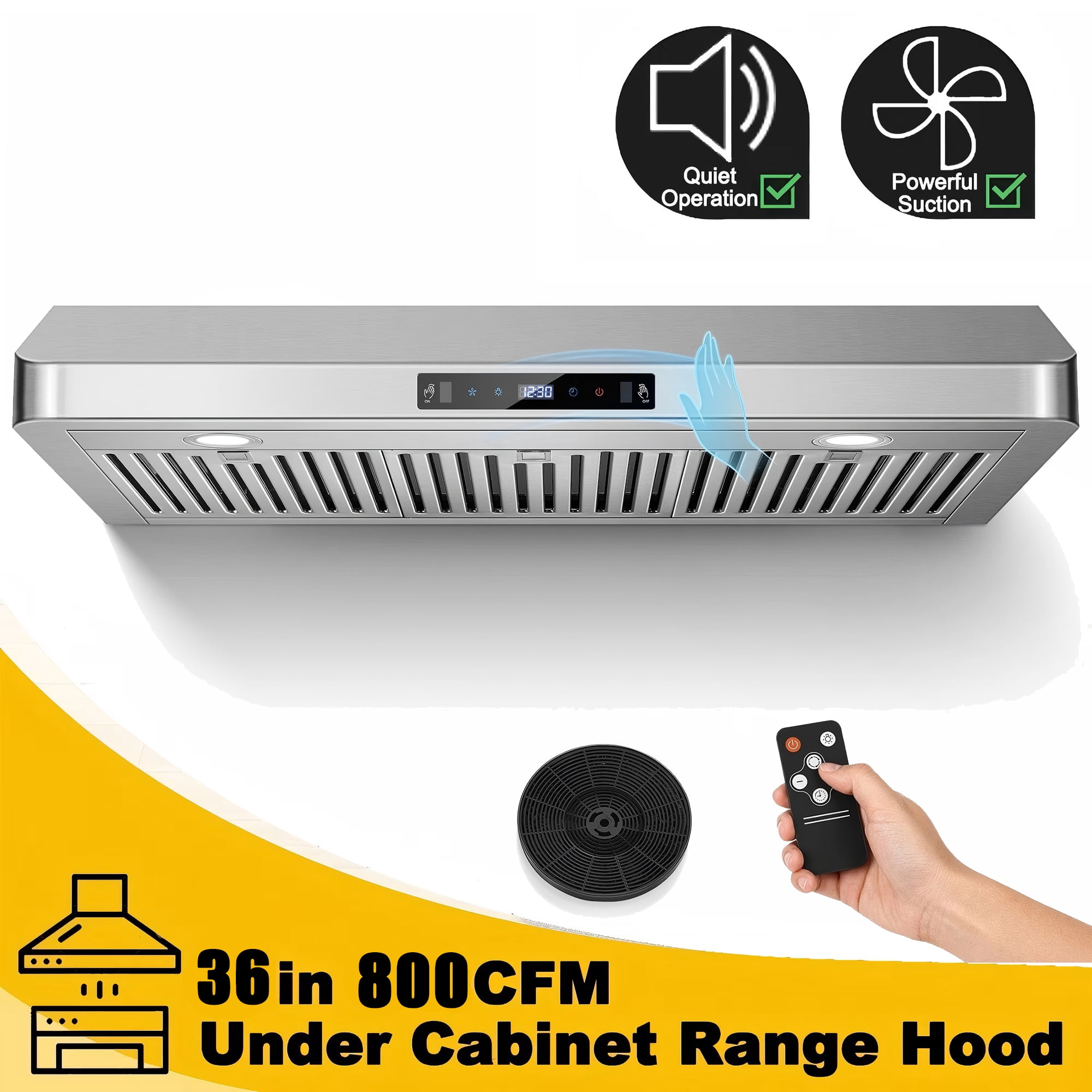 36 Inch Under Cabinet Range Hood 800 CFM Touch Gesture Remote Control Stainless Steel Ducted/Ductless 3-Speed Kitchen Stove Vent Hood 3 Air Vents