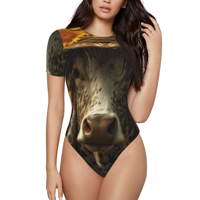 Balery Sunflower Cowboy Hat Cow Body de cuello redondo de manga corta para mujer Tops de manga corta Tops básicos-Small