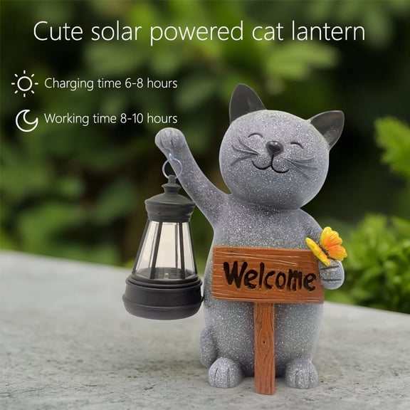 Charming Solar Cat Garden Statue with Welcome Sign & Glowing Lantern - Adorable Resin Outdoor Decor for Patio & Yard
