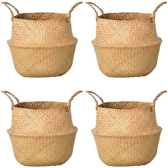 4 Pcs Handwoven Seagrass Baskets,Small Planter & Storage Baskets Set,Natural Woven Belly Baskets for Home Decor,Organization,Rustic Decor