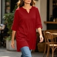 thumbnail image 6 of Women's Plus 3/4 Sleeve Flowy Tunic Tops Notch V Neck Loose Fit Soft Stretch Blouse Side Pockets to Wear with Leggings Fall Clothes, Red, XL, 6 of 8