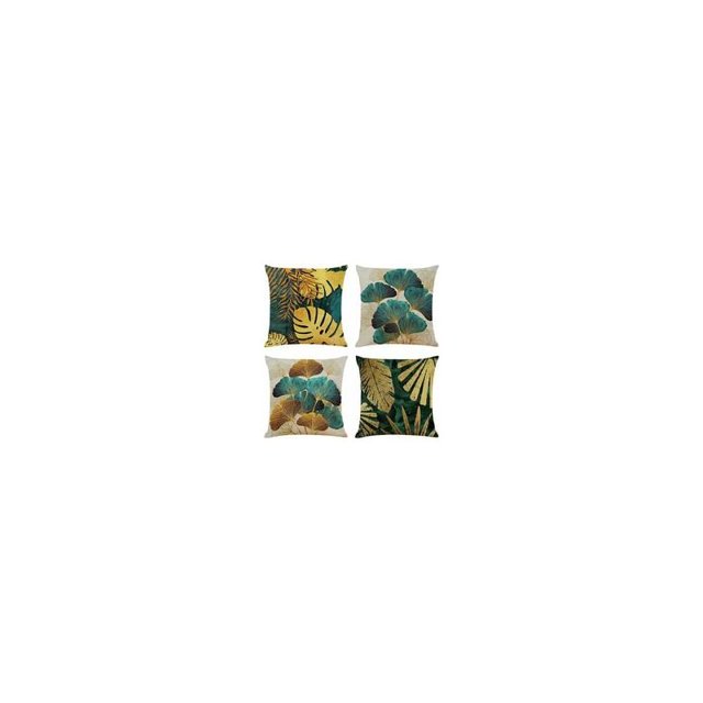 Juego de 4 fundas de cojín de 45 x 45 cm cuadradas en hojas verdes y doradas, funda de cojín de lino para sofá de sala de estar, fundas de almohada para sofá