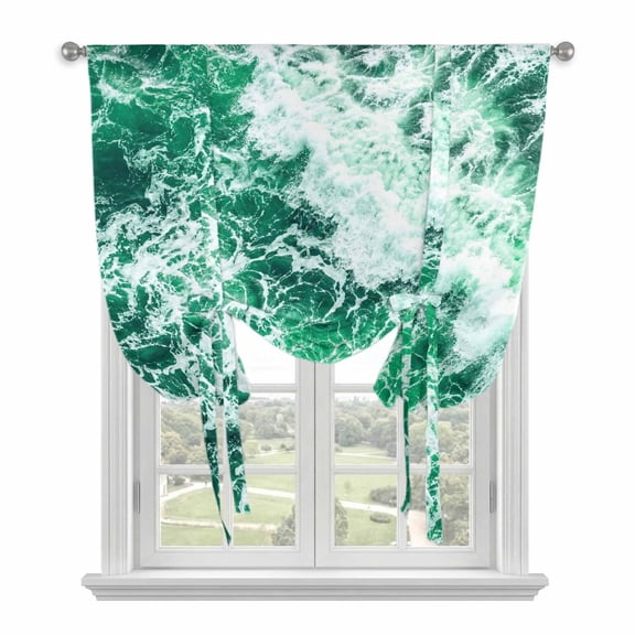 Sea Foam Tie Up Curtains for Windows, Adjustable Balloon Window Shades, Nautical Coastal Tropical Green Ocean Waves Kitchen Window Treatments Adjustable Roll Up Curtain for Basement/Nursery 52"x45"