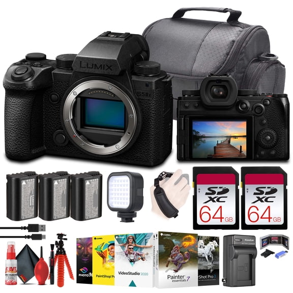 Panasonic Lumix S5 IIX Mirrorless Camera (DC-S5M2XBODY)   2 x 64GB Memory Card   Corel Photo Software   2 x DMW-BLK22 Battery   Charger   LED Light   Card Reader   Case   Flex Tripod   More