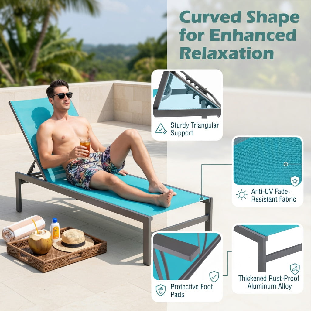 Hommoo 6-Position Adjustable Aluminum Chaise Lounge Chair, Rustproof, Lightweight, Outdoor Recliner for Patio, Poolside & Backyard, Turquoise
