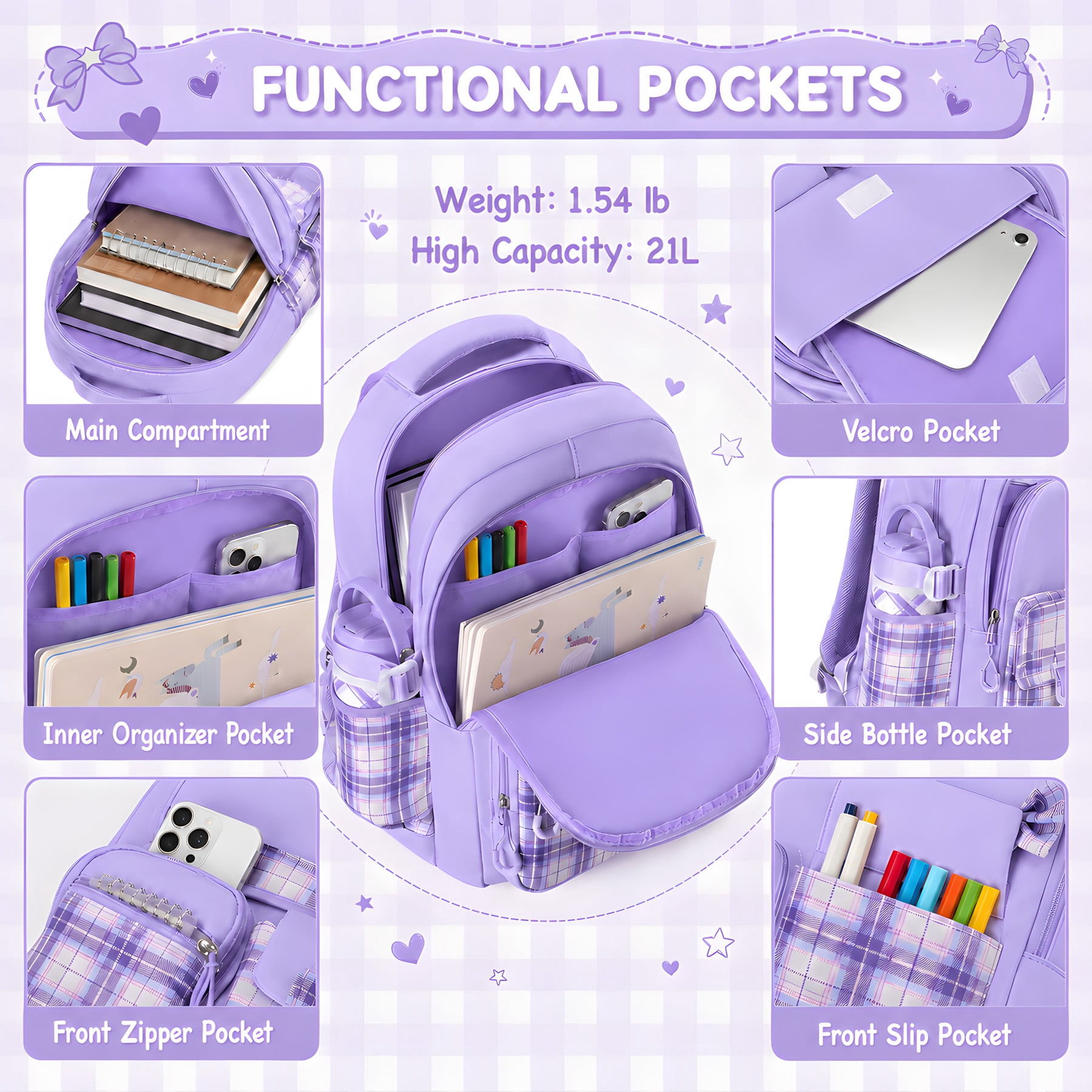 Soda Candy 3 in 1 Kids Backpack Set Plaid Bow Design Water Soda Candy 3 in 1 Kids Backpack Set Plaid Bow Design Water