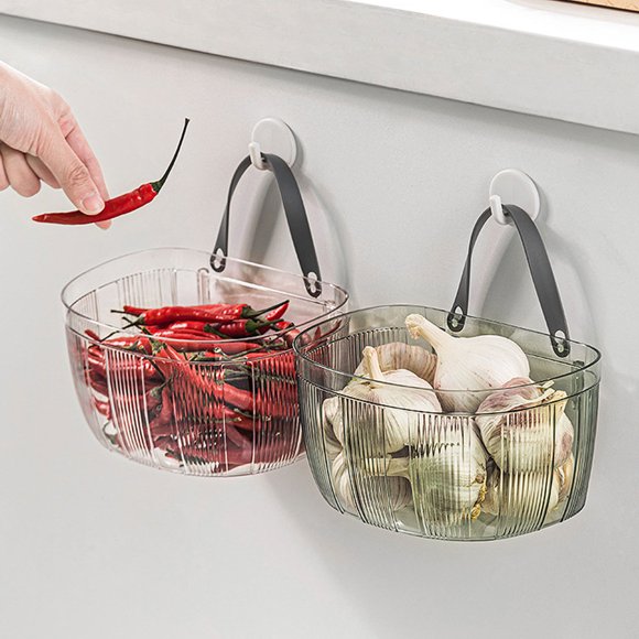 Cesta de almacenamiento de cocina organizador para colgar en la pared | Estante de escurrido de plástico ABS Vegetal Ajo Cebolla Jengibre | Apilable multiusos | Gris/Verde | 1 pieza | 6,88 x 4,92 x