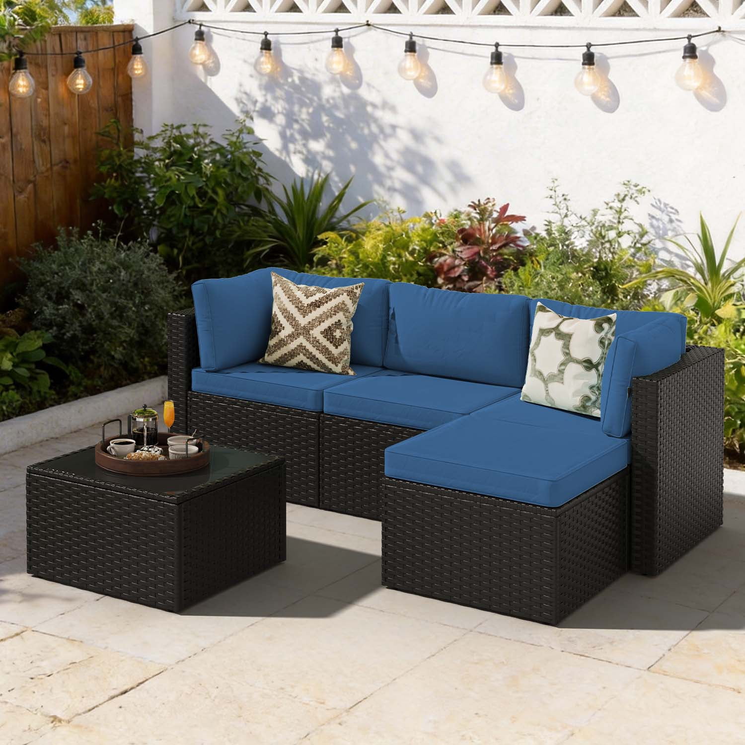 BaPiPro 5 Piece All-Weather PE Rattan Modular Patio Furniture Set, Sectional Conversation Sofa with Thick Removable Cushions & Tempered Glass Coffee Table for Backyard Poolside Garden, Navy Blue