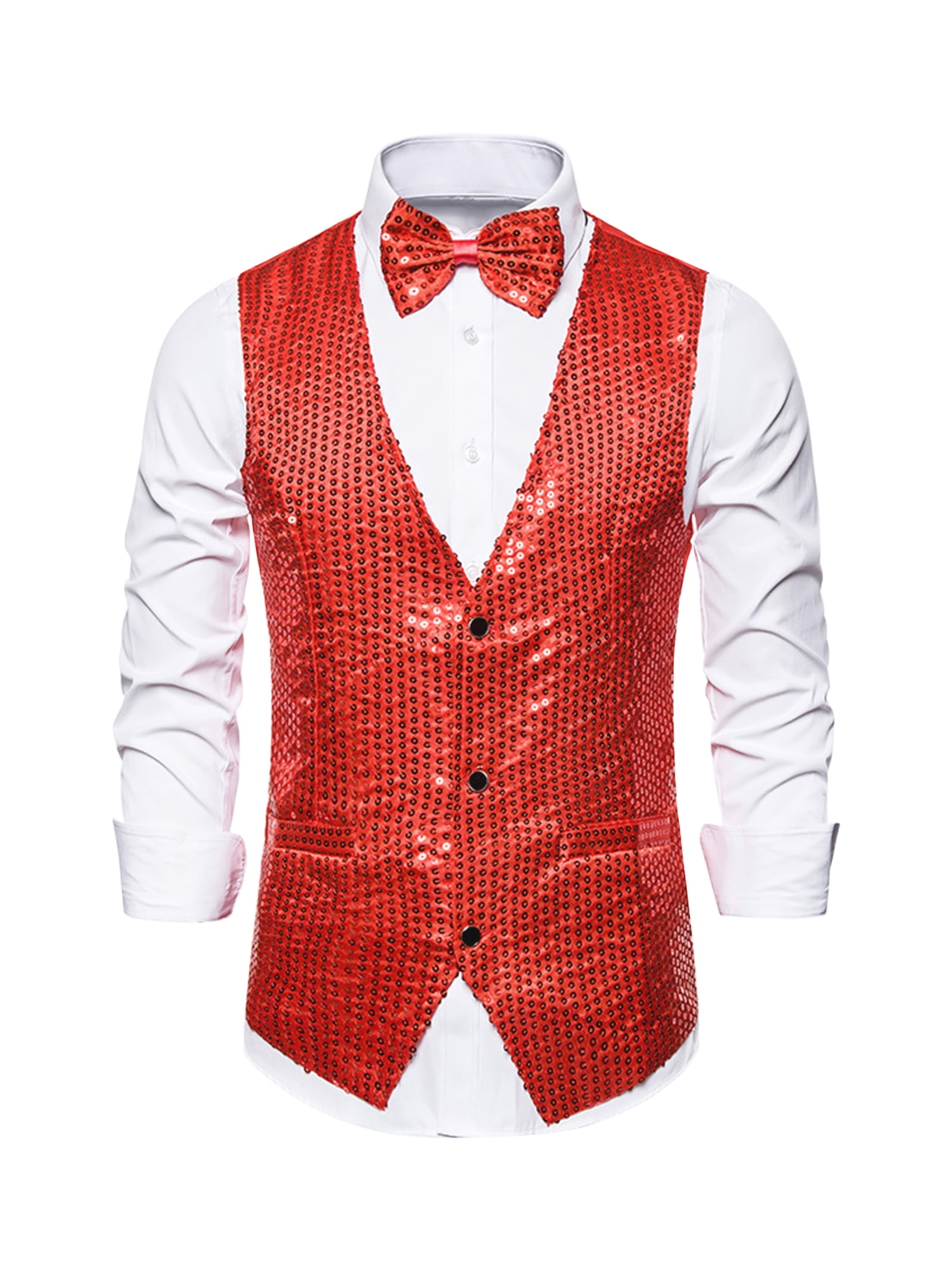Unique Bargains Men's Sequin Waistcoat Sleeveless Dress Suit Vest with Bow Tie S Red