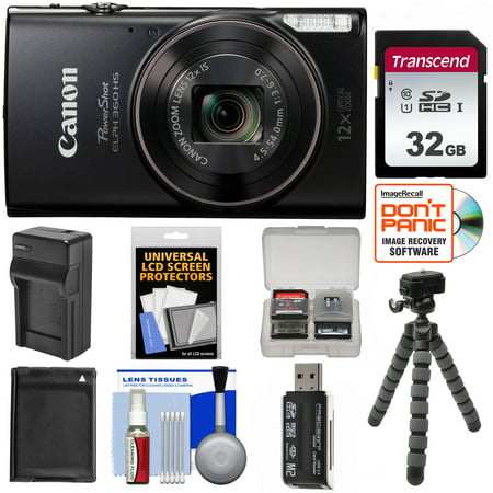 canon powershot elph 360 hs wi-fi digital camera (black) with 32gb card + battery & charger + flex tripod +