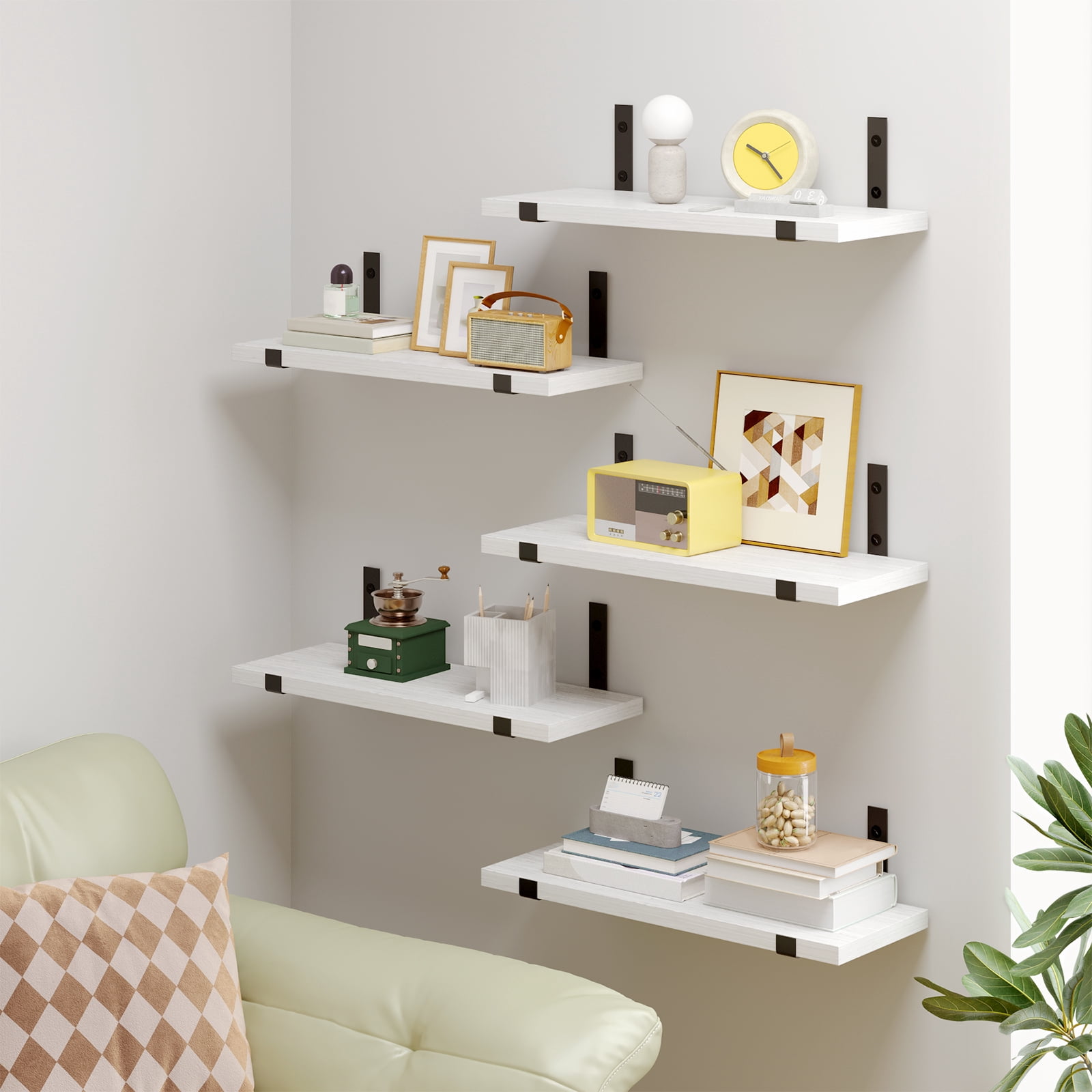 Tomnk 4.7 x 15.7 Inches White Floating Shelf Set of 5, Wall Mounted Shelves with Metal Brackets for Bedroom, Bathroom, Kitchen