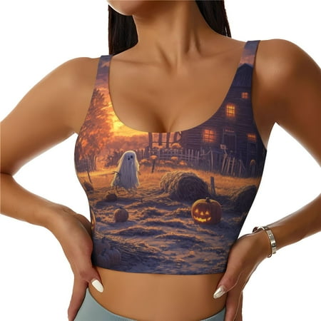 Sports Bras for Women High Support  Halloween Farm Pumpkin Ghost A Workout Tank Tops Woman  Yoga Bra with Removable Cups