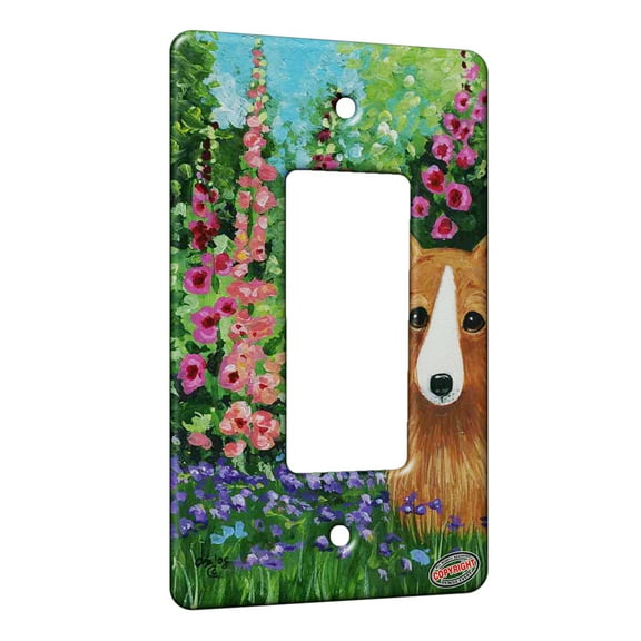 KuzmarK™ 1 Gang Rocker Wall Plate - Welsh Corgi in Monet's Garden Dog Art by Denise Every