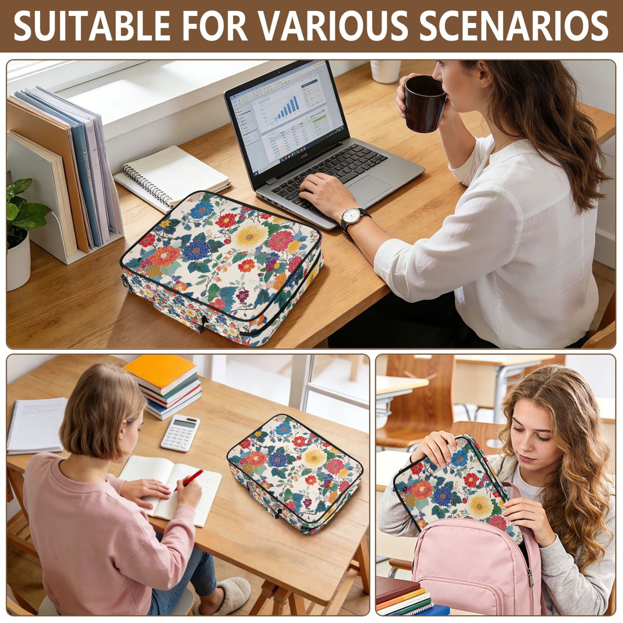FORMRS Accordion File Folder A4 Size 7-Pocket Expanding Document Organizer Bag with 3 Ring Binder, Red Japanese Floral Pattern