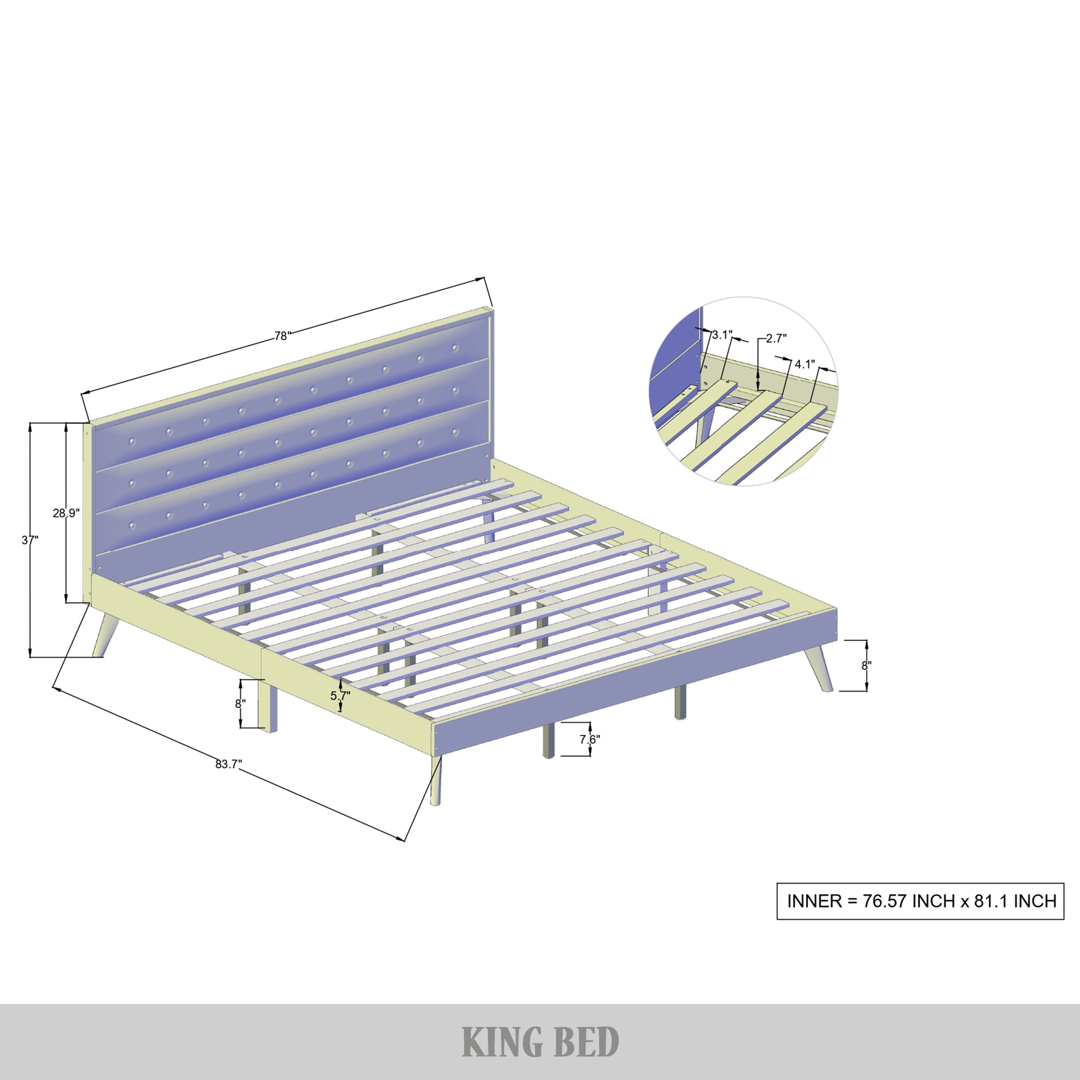 Castle Place Elegant Mid-Century Wooden King Platform Bed, White