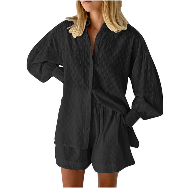 Timegard Womens 2 Piece Sets Long Sleeve Button down Tops and Elastic Waisted Wide Leg Shorts Comfy Casual Loose Sets