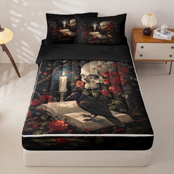 Homewish Halloween Sugar Skull Zipper Twin Comforter Sets with Fitted Sheet and 2 Pillowcases,Red Rose Zipper Bedding Set,Gothic Aesthetic Bed Set,Black Reversible,4pcs
