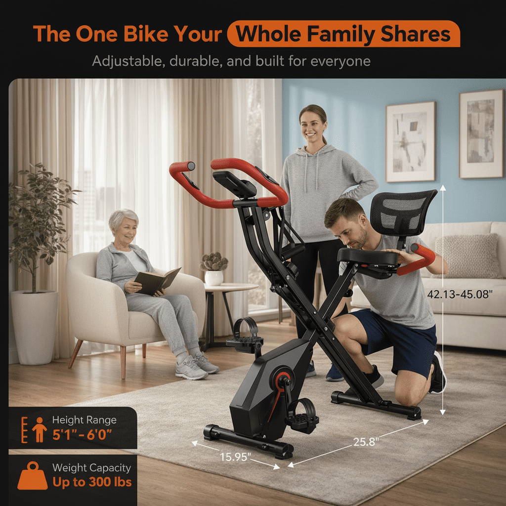 USLIM Foldable Exercise Bike for Home, Quiet Stationary Bike with Backrest, Resistance Bands, Heart Rate Monitor, 300 lb Capacity