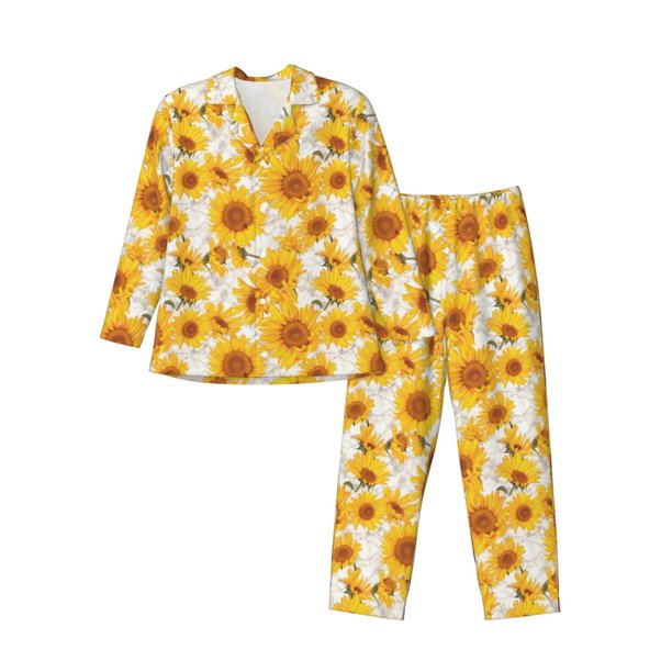 Balery White Marble Pattern Sunflower Pijama para Hombre de Dos Piezas con Manga Larga, Conjunto de Dormir y Descanso Suave con Bolsillos-Small