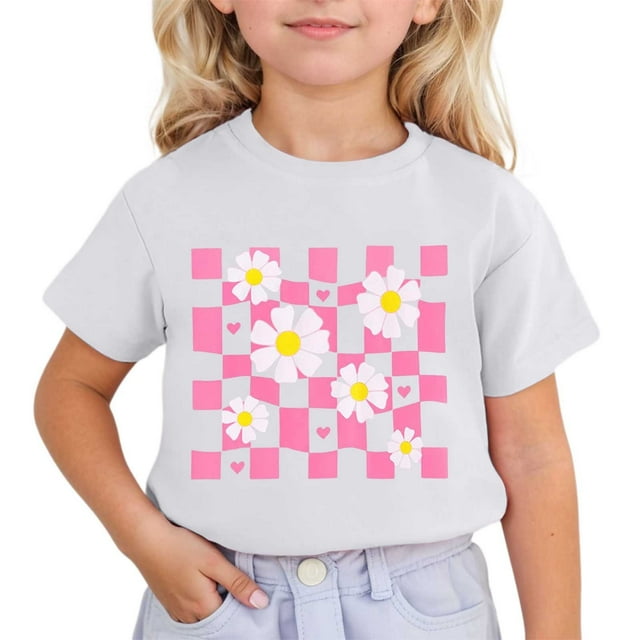 Hauts d'Été Enfants Filles Été Mignons Imprimés de Fleurs Manches Courtes Col Rond T-Shirt Tout-Petit Décontracté Respirant Hauts Tee-Shirt Ado Fille Blanc 12 Ans-13 Ans