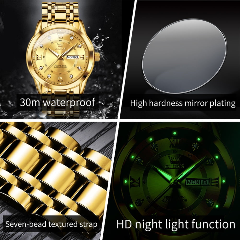 OLEVS Watches for Men Classic Business Dress Analog Quartz Stainless Steel Waterproof Luminous Date Diamond Mens Wrist Watches Relojes De Hombre,Gold/Blue/Black Dial
