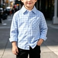 thumbnail image 2 of Falkdiz Plaid Shirts for Boys with Pocket Long Sleeve Button Up Back to School Casual Stylish Collar Boys Tops Graphic,Light Blue,Size: 4-5, 2 of 9
