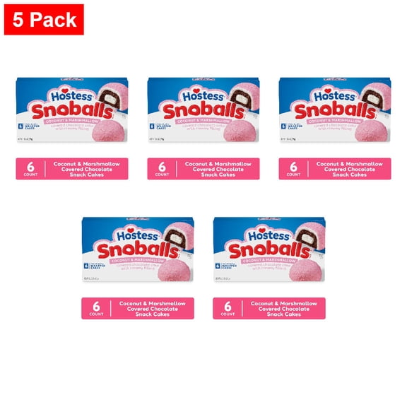 Hostess Snoballs Snack Cakes, Coconut & Marshmallow Covered Chocolate Cake 6 count - 5 Pack