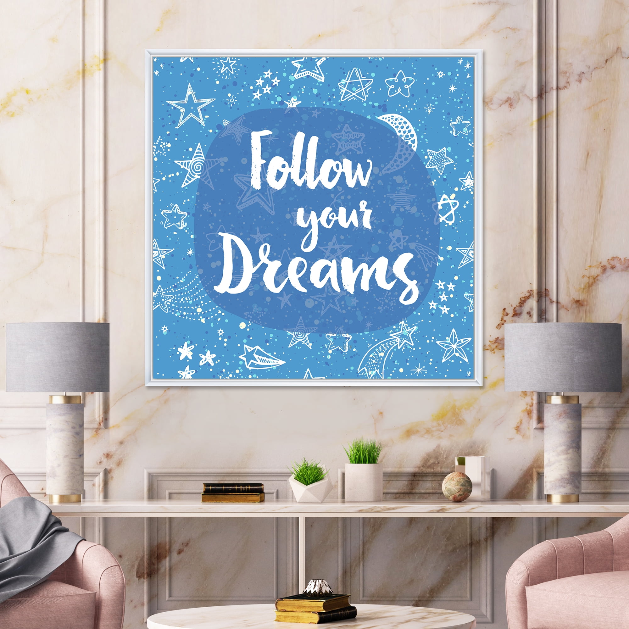Designart 'Follow Your Dreams On Blue II' Modern Framed Canvas Wall Art Print