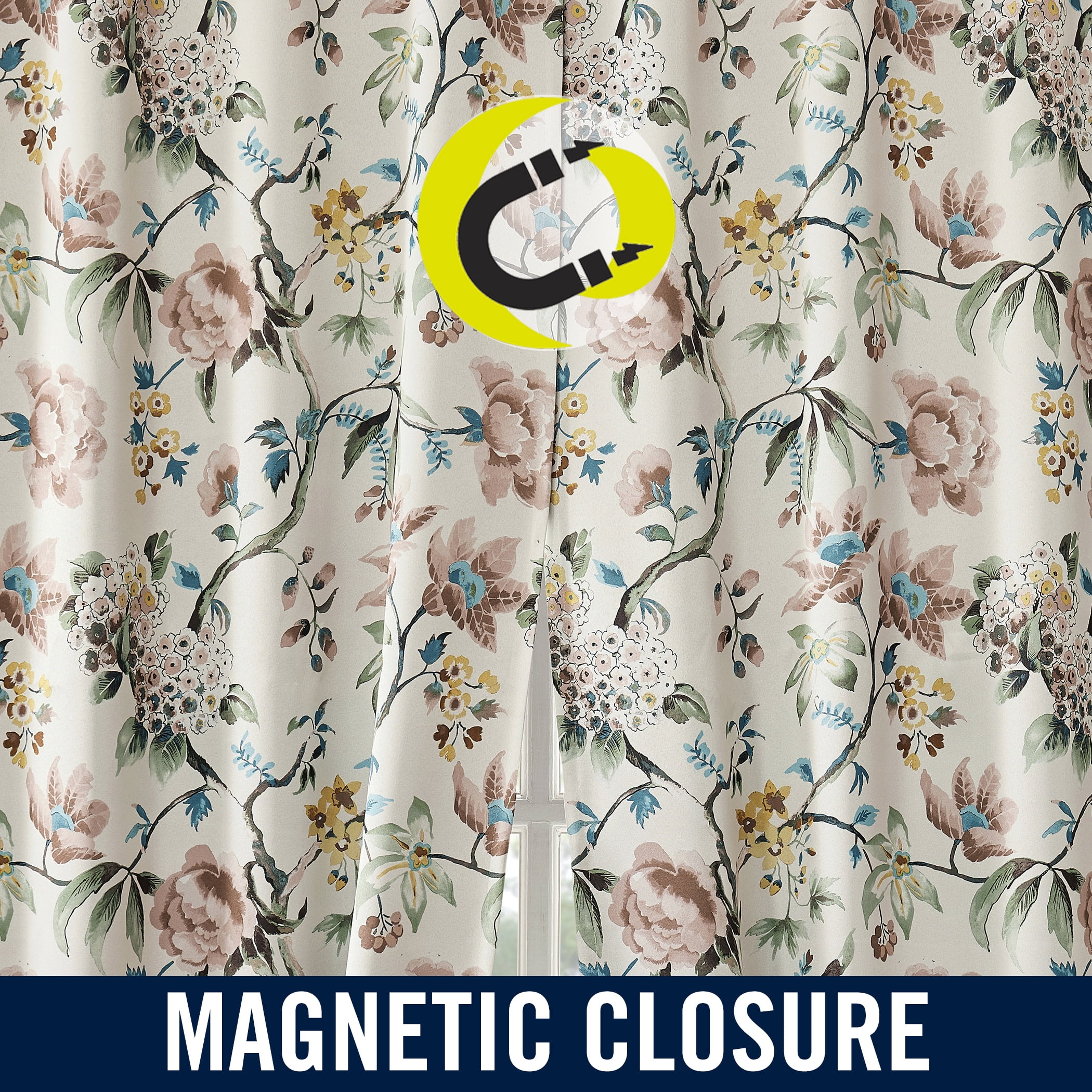 Sun Zero Therese 2-pack Vintage Floral Magnetic Closure 100% Blackout Back Tab/Rod Pocket Curtain Panel Pair, 40"W x 84"L, Stone