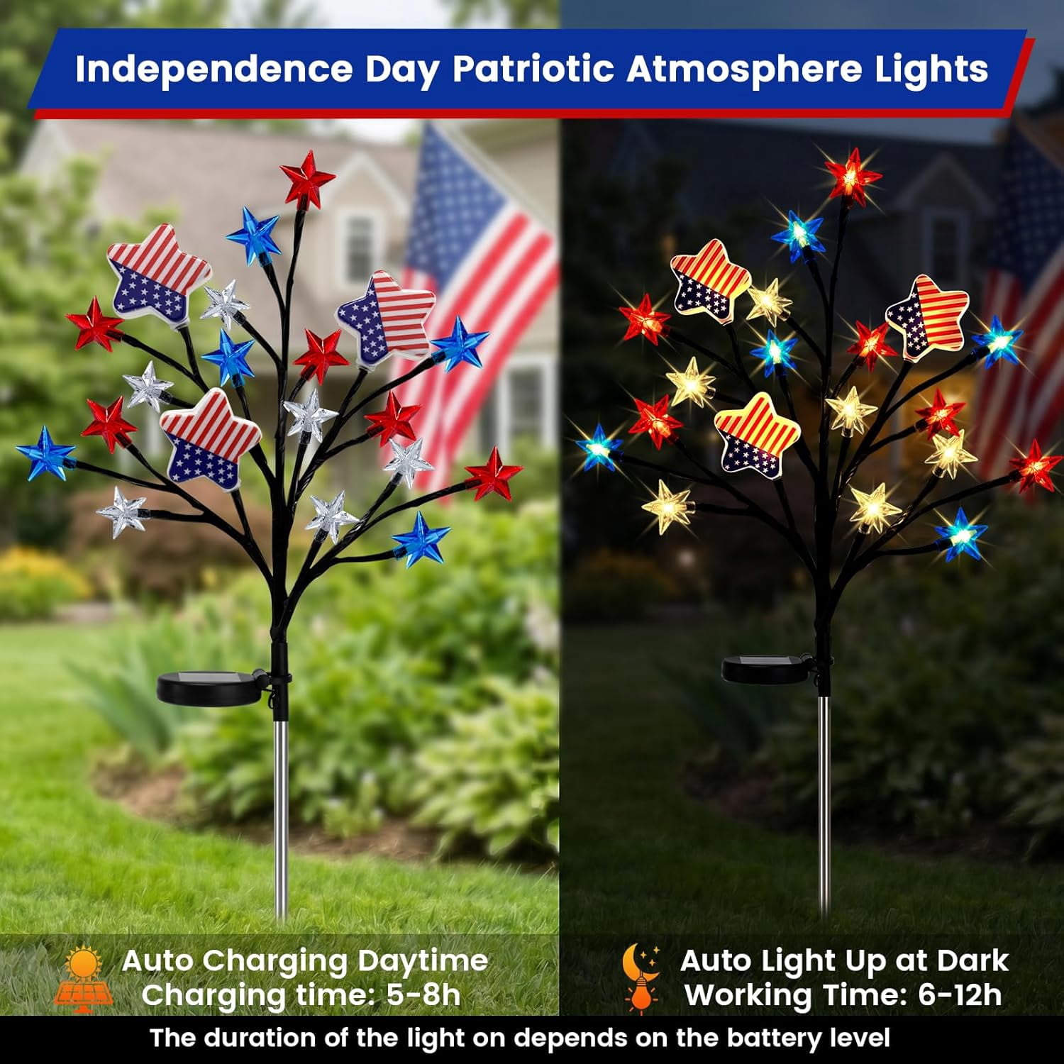 4th of July Decor Outdoor, 2 Pack Red White Blue Star Solar Garden Lights with 8 Modes, Twinkle Star Tree Lights Pathway Lights Outdoor Waterproof, Patriotic Lights for Independence Day Memorial Day