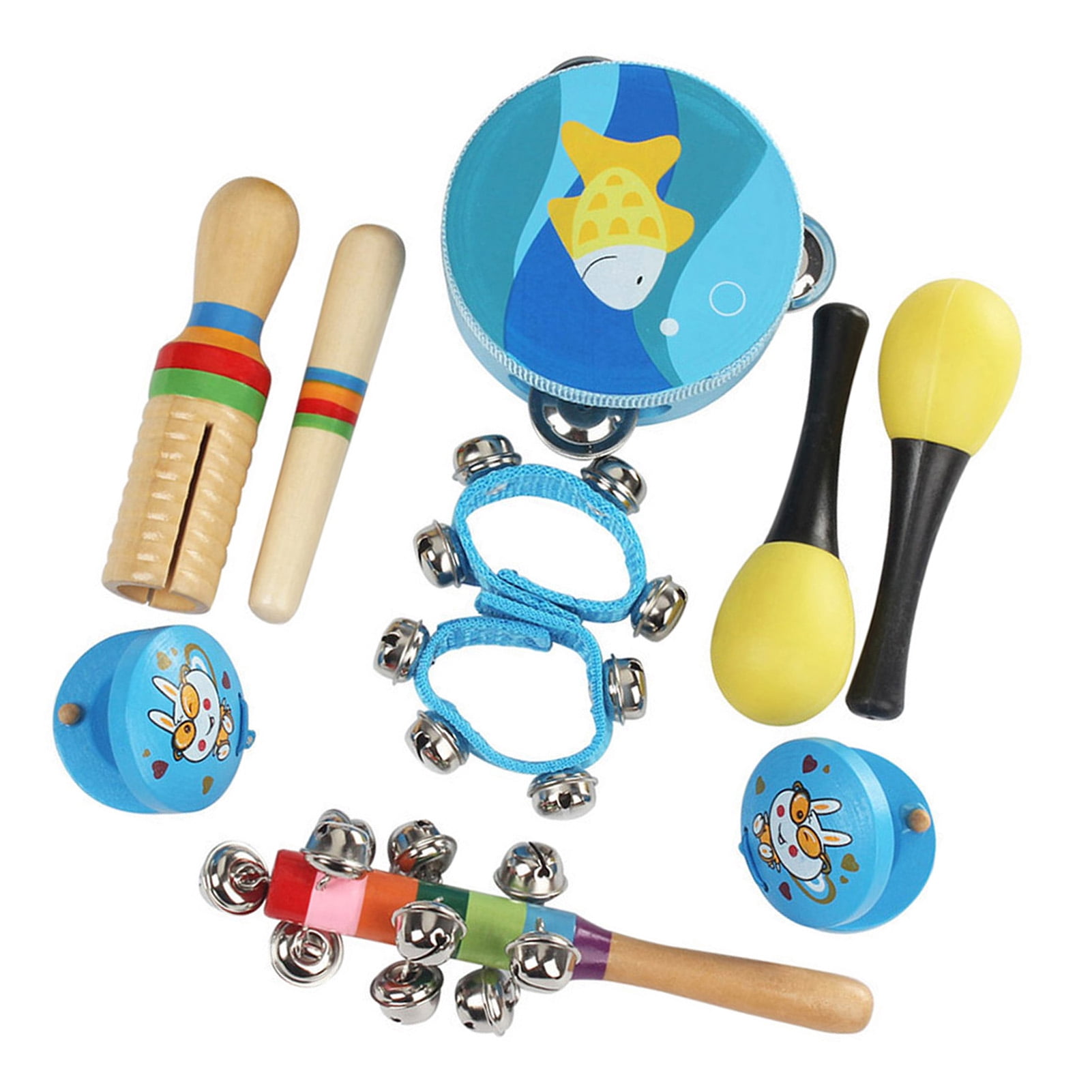 Walmeck 10pcs/Set Musical Toys Percussion Instruments Band Rhythm Kit Including Tambourine Maracas Castanets Handbells Wooden Guiro for Kids Children Toddlers