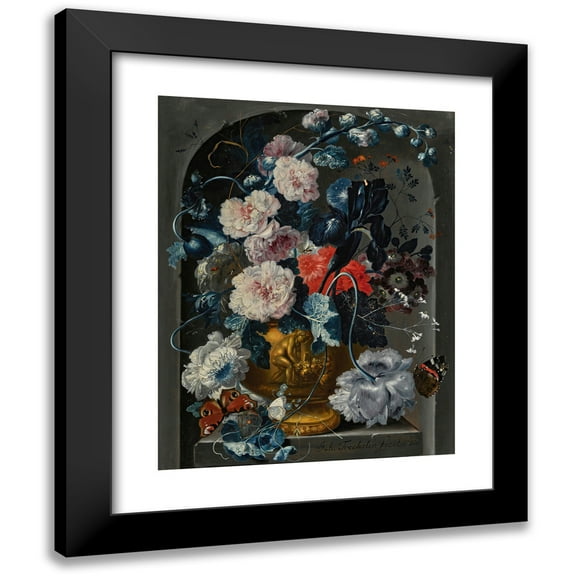 Johann Baptist Drechsler 12x14 Black Modern Framed Museum Art Print Titled - Still Life with Carnations, Roses, Hollyhocks And Other Flowers in a Sculpted Bronze Urn with Butterflies