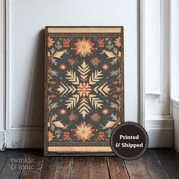 Vintage Scandinavian Rug Art Print Cabin Textile Wall Decor Rustic Poster Antique Folk Lodge Design UNFRAMED Poster, 8x12