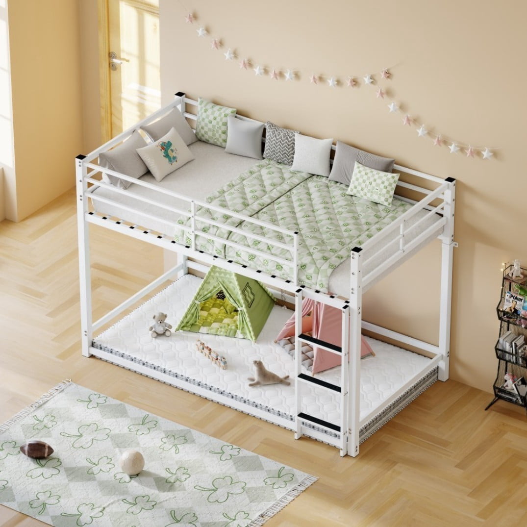 Twin Over Twin Bunk Bed with Ladder and High Guardrail, Heavy-Duty Metal Bunk Bed with Underbed Storage, Noise-Free Design, White