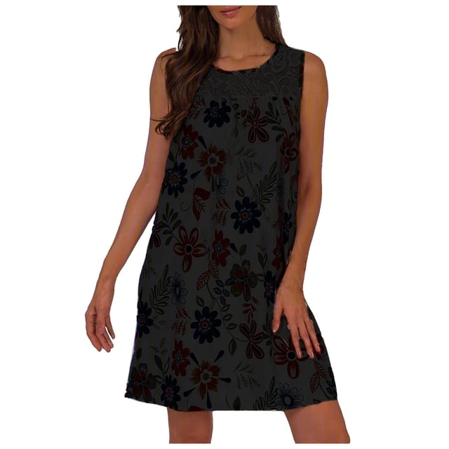 Fridja Womens Casual Épissage Dentelle Imprimé Floral Col Rond Robe Sans Manches