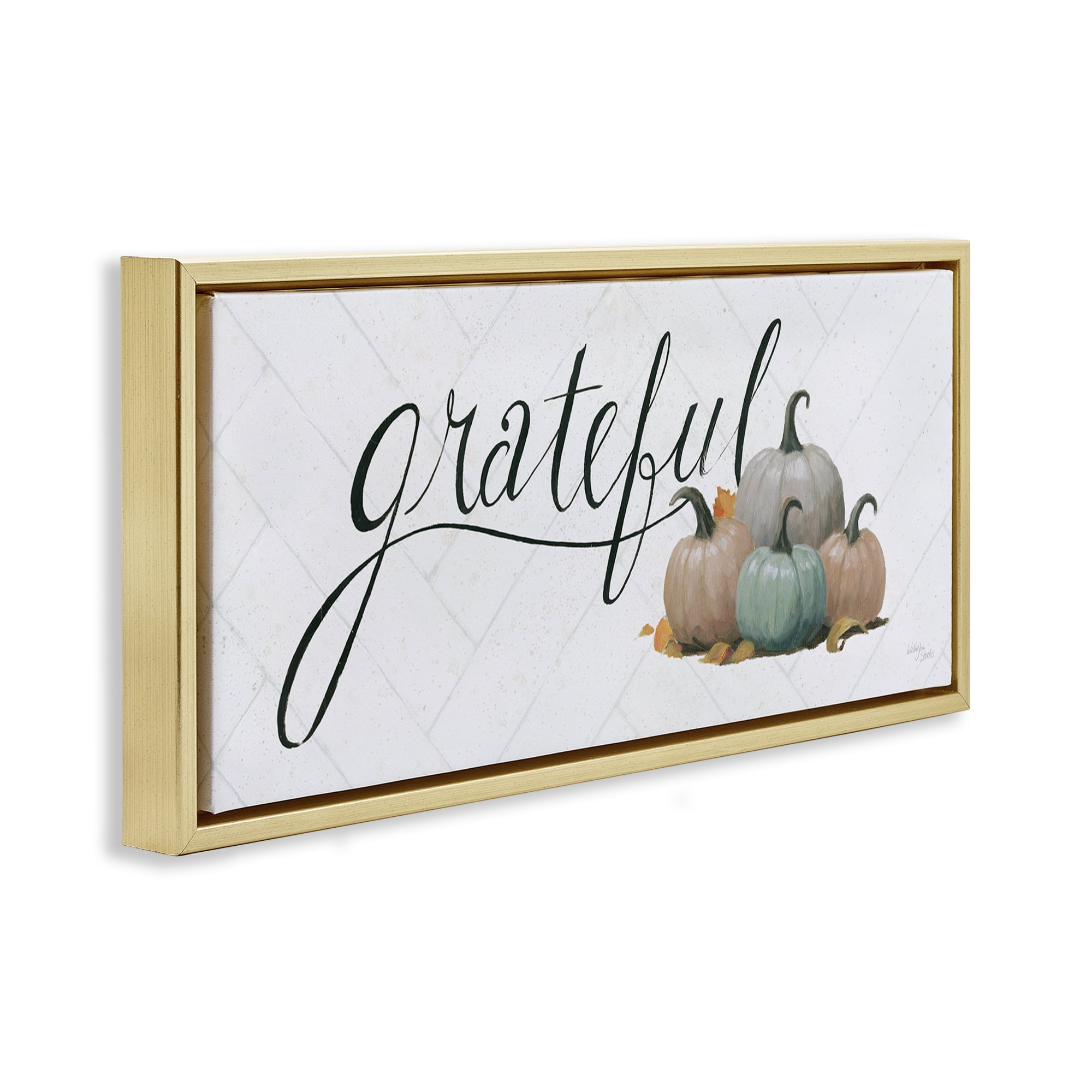 Stupell Industries Grateful with Pumpkins Typography Painting Gold Floater Framed Canvas Art Prints Wall Art, 25 x 11