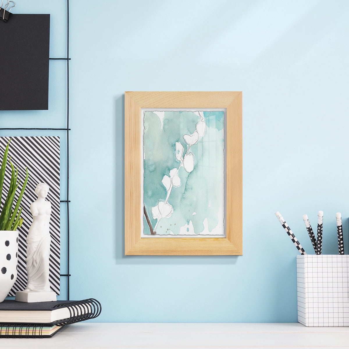 Ginkgo on Dusty Teal V - Framed Print w/glass - Natural Wood