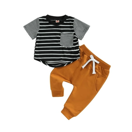 

Domingbub Toddler Baby Boy Clothes Suits Stripe Patchwork Short Sleeve Tops Elastic Waist Long Pants 2Pcs Set Caramel 2-3 Years